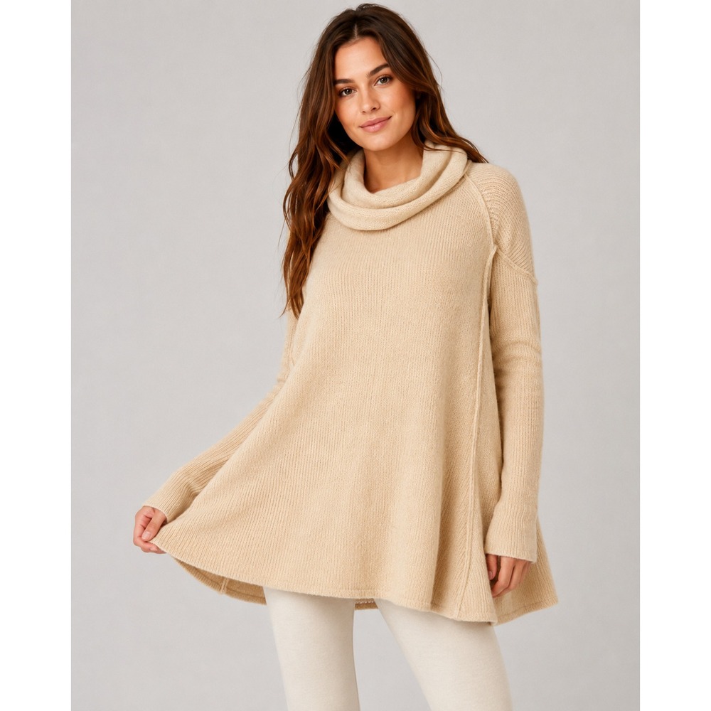 Free‎ People One Size Cream Cowl Neck A-Line Swing Tunic Sweater Oversized Boho